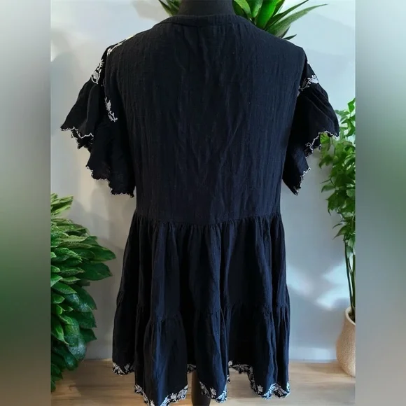 Free People Santiago Embroidered Mini Dress black cotton gauze white floral S - Picture 3 of 7